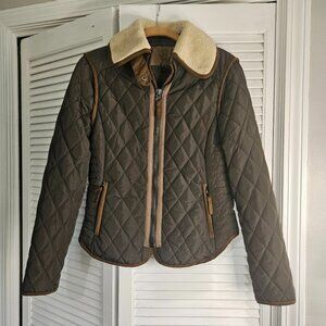 Zara Basic Quilted Jacket Womens Full Zip Removable Faux Fur Collar Brown Medium